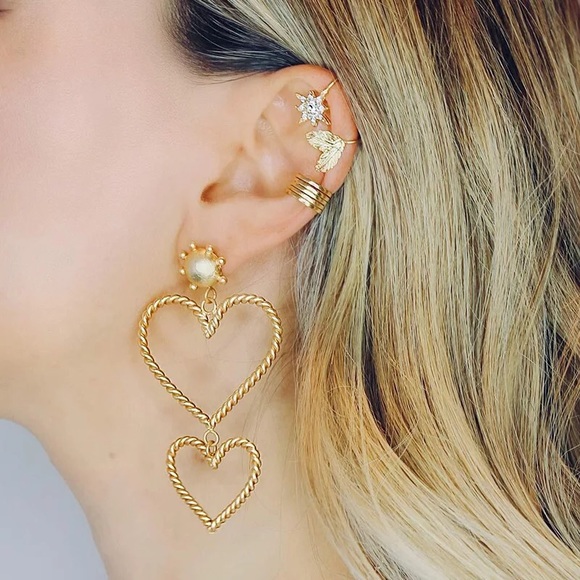 Gold Double Hearts Drop Earrings - Picture 3 of 5